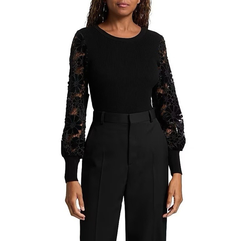 Milly Velvet Lace-Sleeve Rib-Knit‎ Sweater